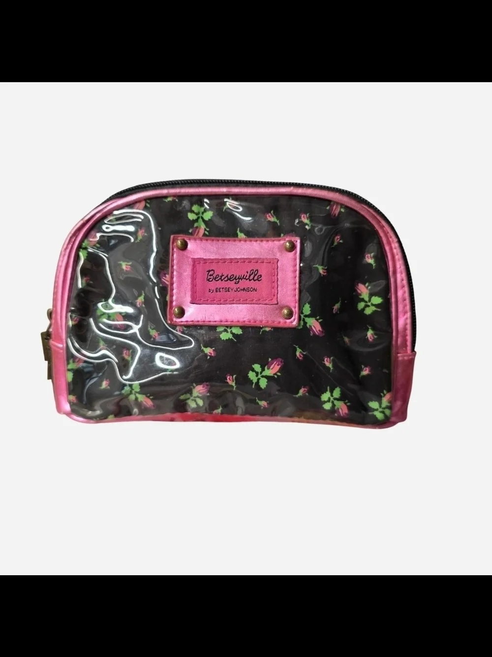 Betseyville by Betsey Johnson Black Floral Cosmetic Pouch with Hot Pink Trim